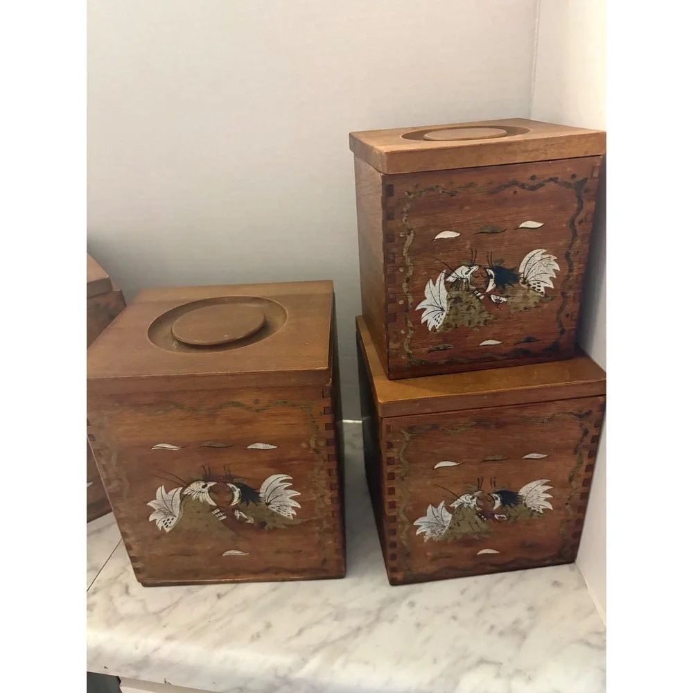 VTG Wood Fighting Rooster 4 pc Kitchen Canister Set Hand Painted Farmhouse Decor